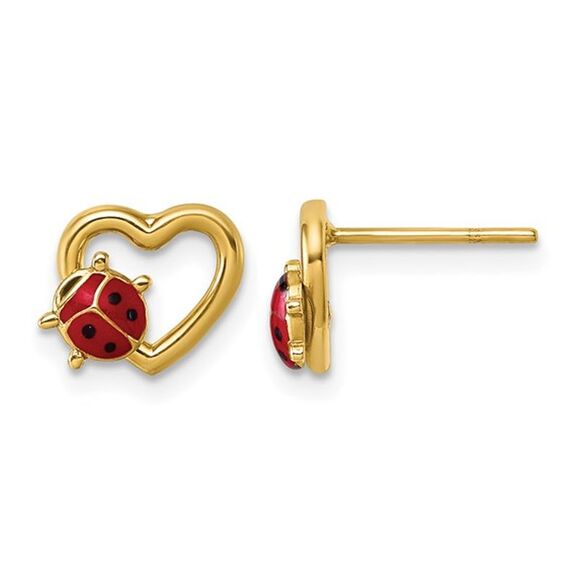 14K Yellow Gold Heart Earrings with Enameled Lady Bugs